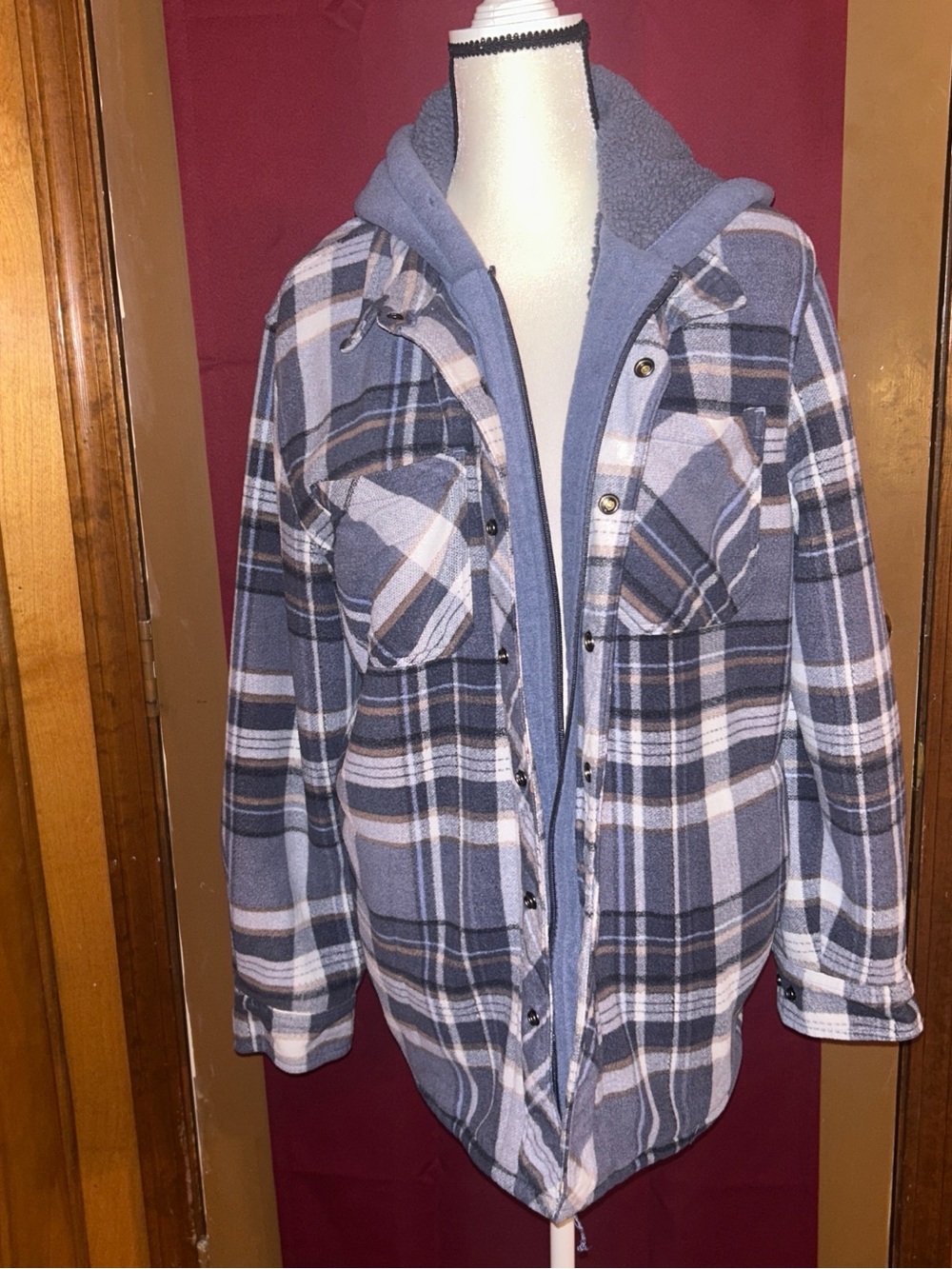 Lightweight Plaid Shirt Jacket with Hood - Blue Hood Draw String is Missing